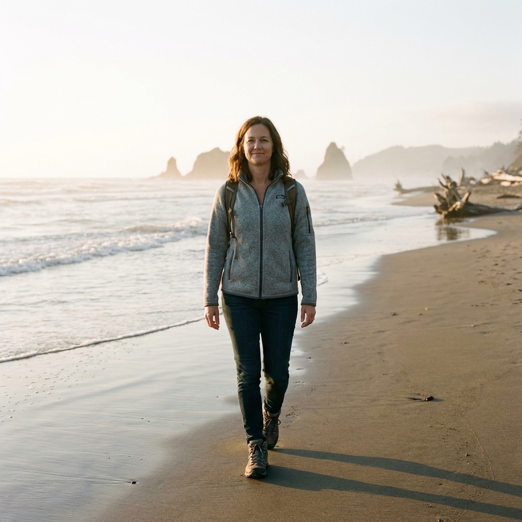 A quiet sunrise over the Oregon coast with gentle waves, a lone person walking along the shoreline, and soft golden light