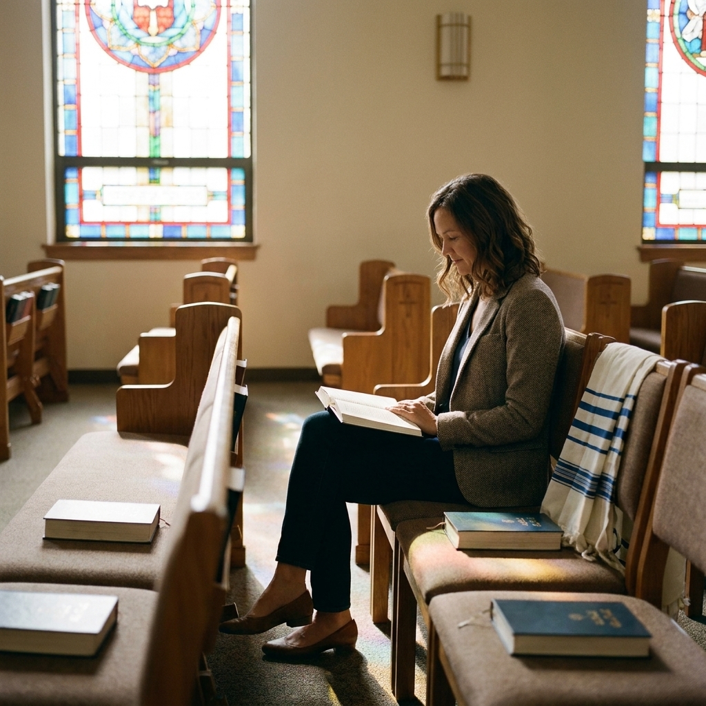 A quiet synagogue interior with prayer books on wooden seats and a tallit draped over a chair, afternoon light entering through stained glass