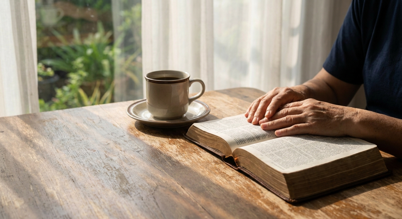 A real-life photograph of a person’s hands resting beside an open Bible and a mug of tea near a window with soft morning light