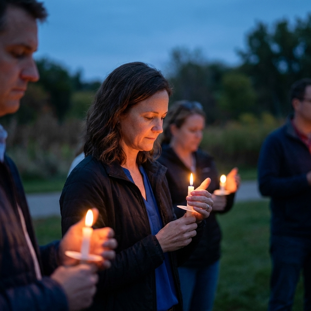 A real-life photograph of people standing outdoors at dusk holding lit candles close to their chests in quiet reflection
