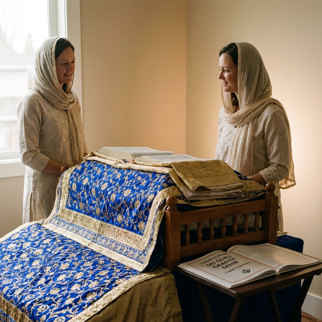 A respectful view of a Sikh scripture stand with draped cloth and a translated excerpt booklet nearby in soft indoor light
