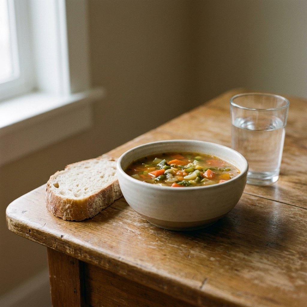 A simple bowl of soup on a wooden table with a piece of bread and a glass of water in soft natural light