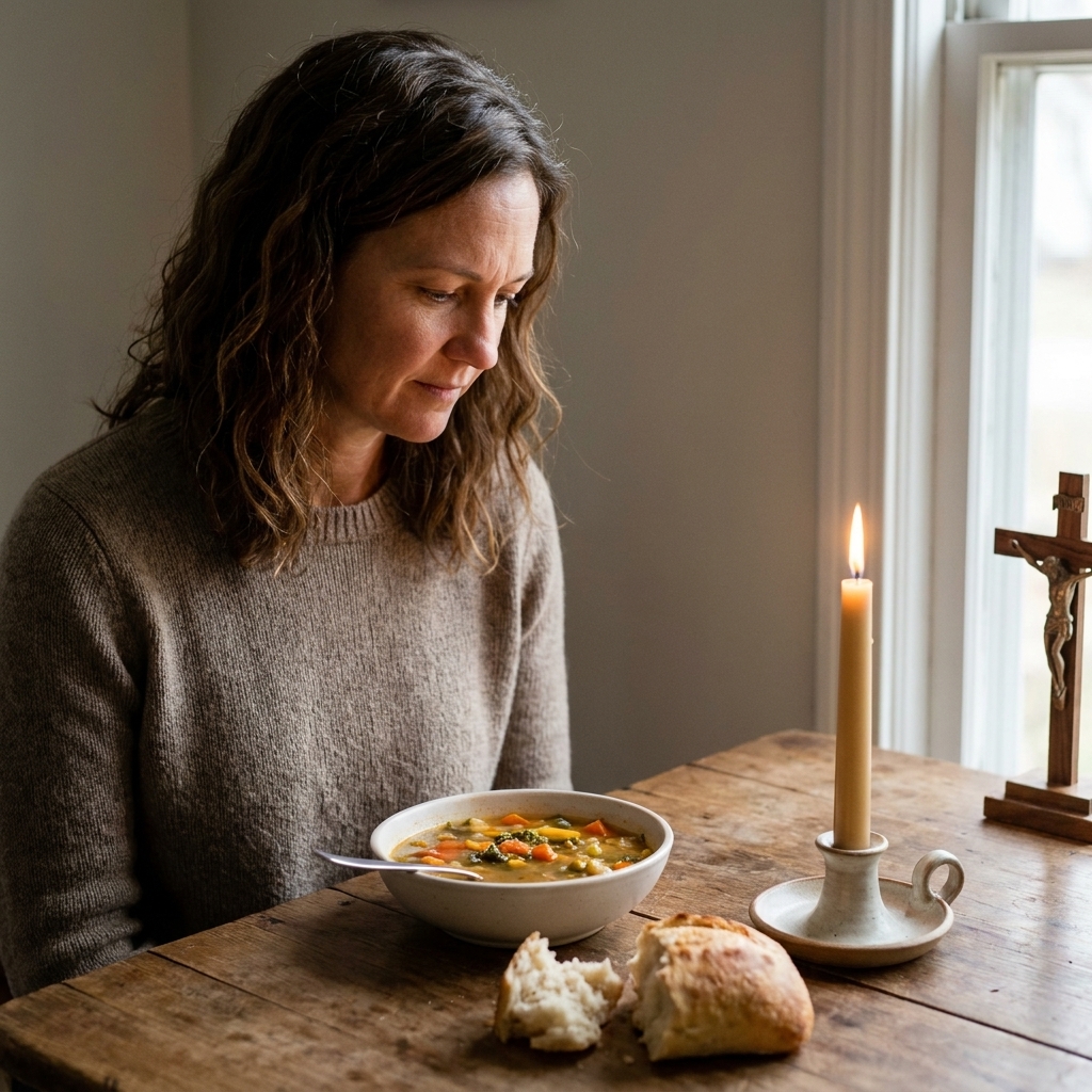A simple meal of bread and soup on a wooden table with a candle nearby, suggesting a quiet, reflective Lenten fast