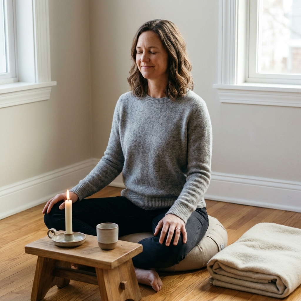 A simple meditation corner with a cushion on the floor, a small candle on a low table, and a folded blanket in a quiet living room