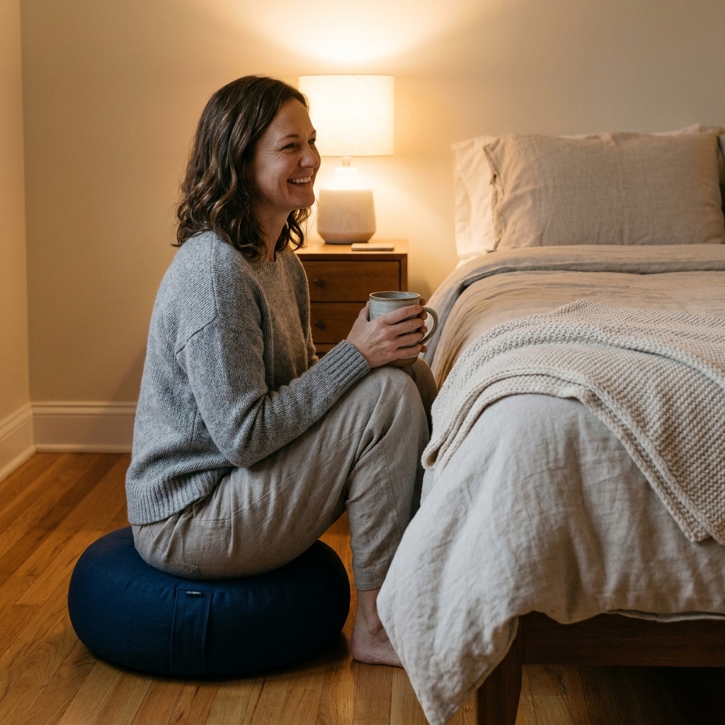 A simple meditation cushion placed beside a neatly made bed, with a folded blanket and soft lamp light creating a calm evening atmosphere