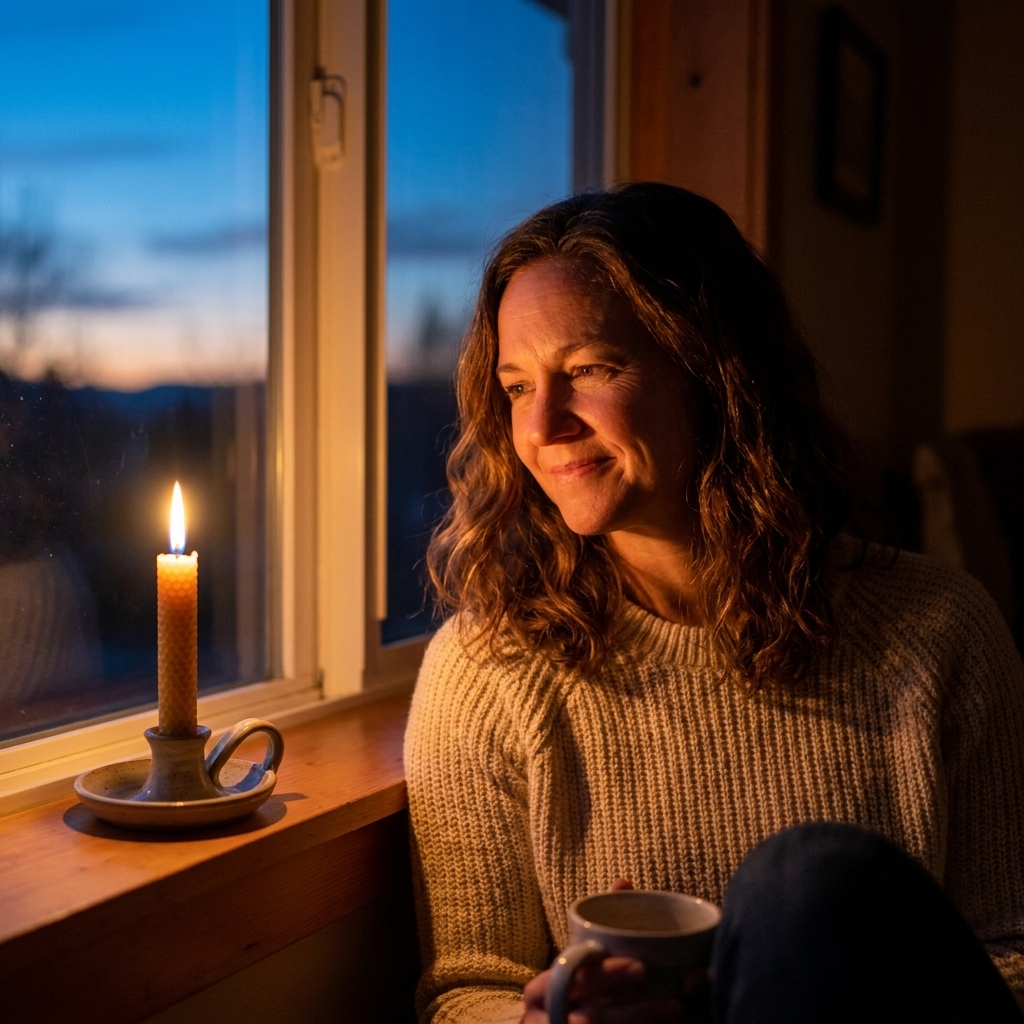 A single candle lit on a quiet windowsill at dusk, with soft shadows and a peaceful indoor atmosphere