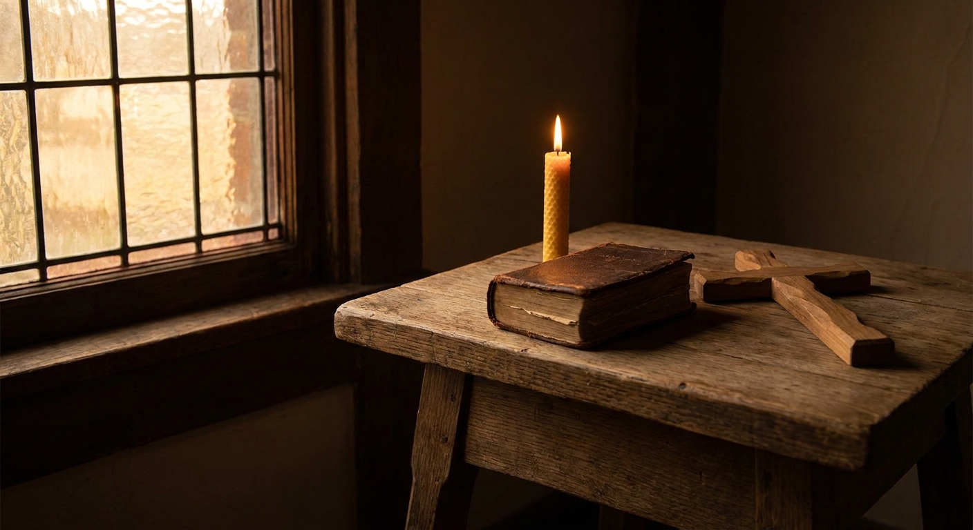 A single lit candle on a small wooden table beside a worn prayer book and a simple cross, evening light coming through a window