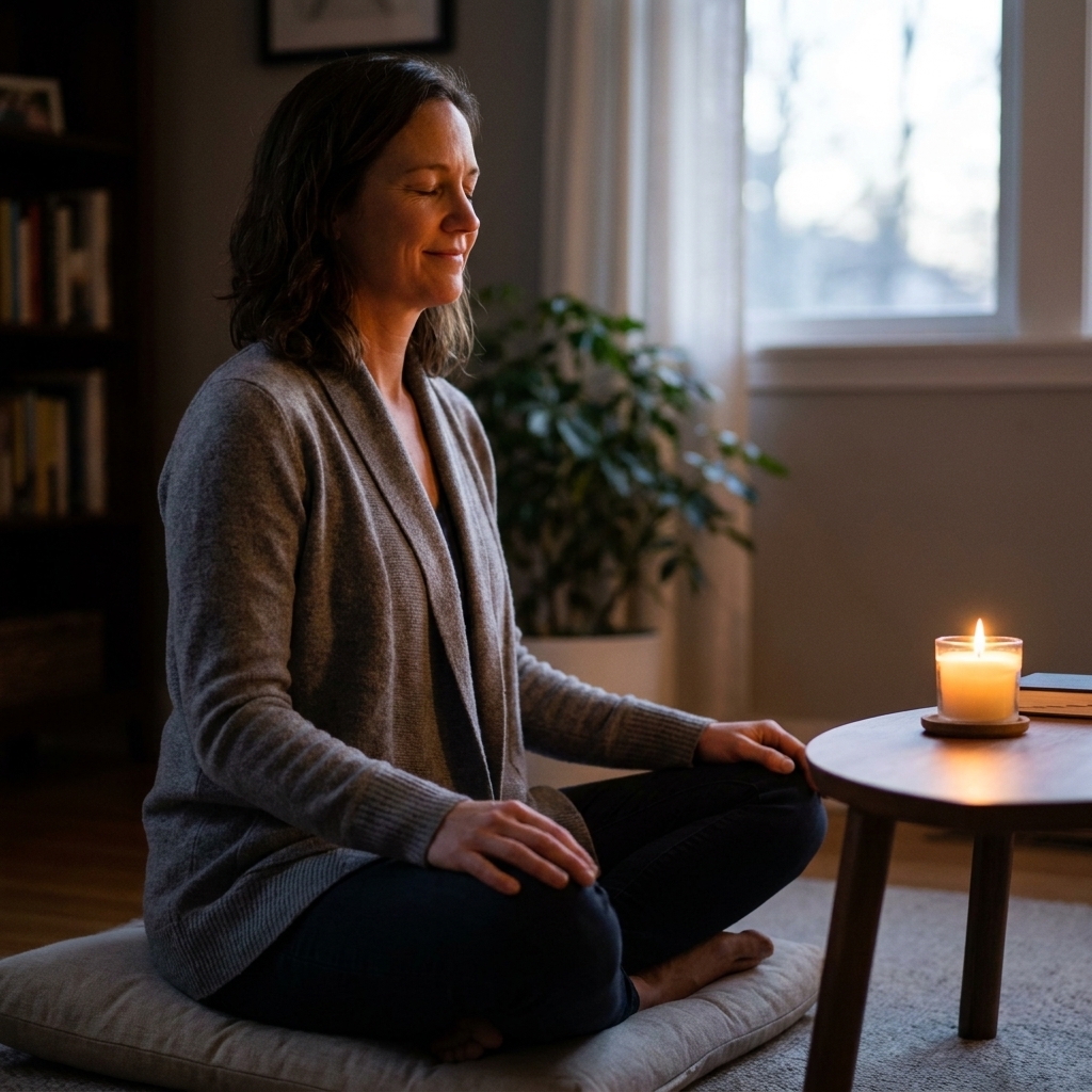 A single person seated in quiet meditation beside a small lit candle on a low table, evening light in a calm room