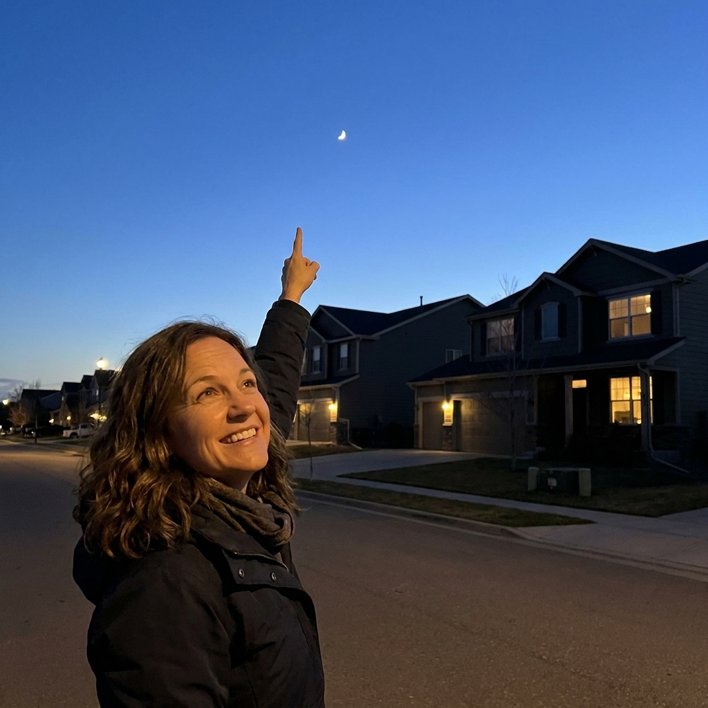 A slender crescent moon visible in a deep blue evening sky over a quiet neighborhood, signaling the start of Ramadan