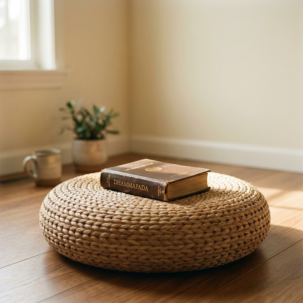 A small Dhammapada book placed on a meditation cushion in a simple room with soft daylight and a calm atmosphere