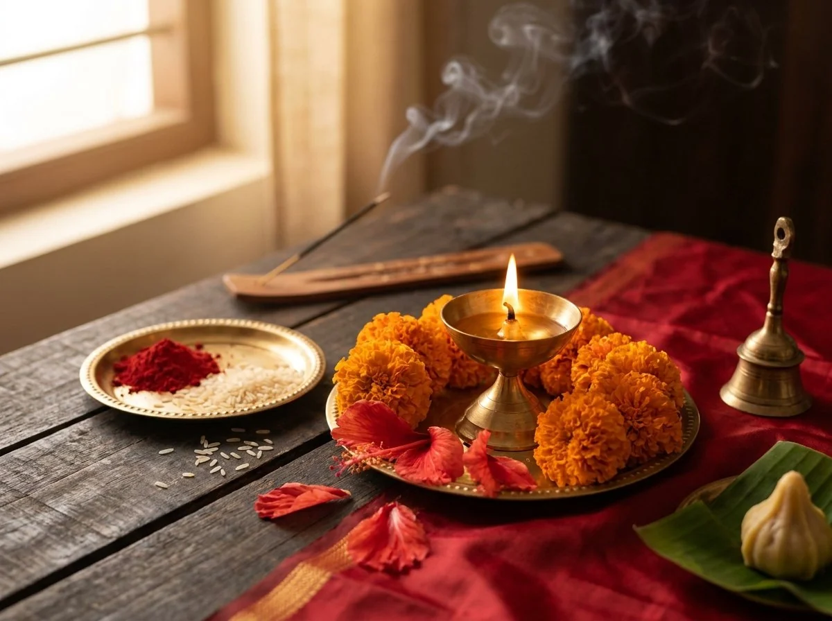 A small Hindu home shrine with a lit diya lamp in front of framed deities and fresh flowers arranged neatly on a wooden shelf