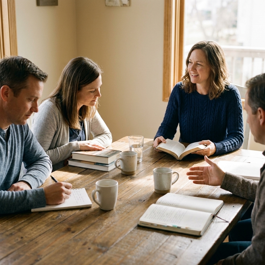 A small group of adults sitting around a dining table with open books and notebooks, engaged in a calm discussion