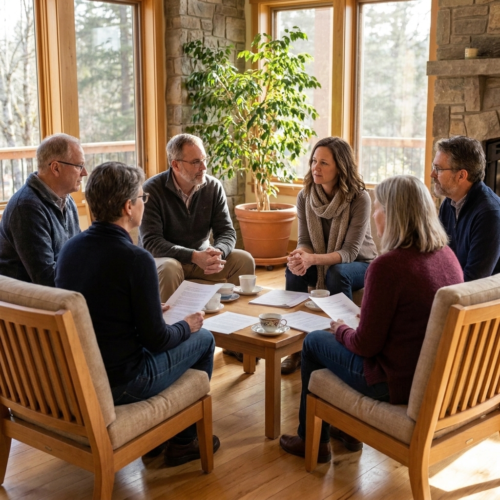 A small group of adults sitting in a circle in a bright retreat room, listening attentively during an interfaith discussion