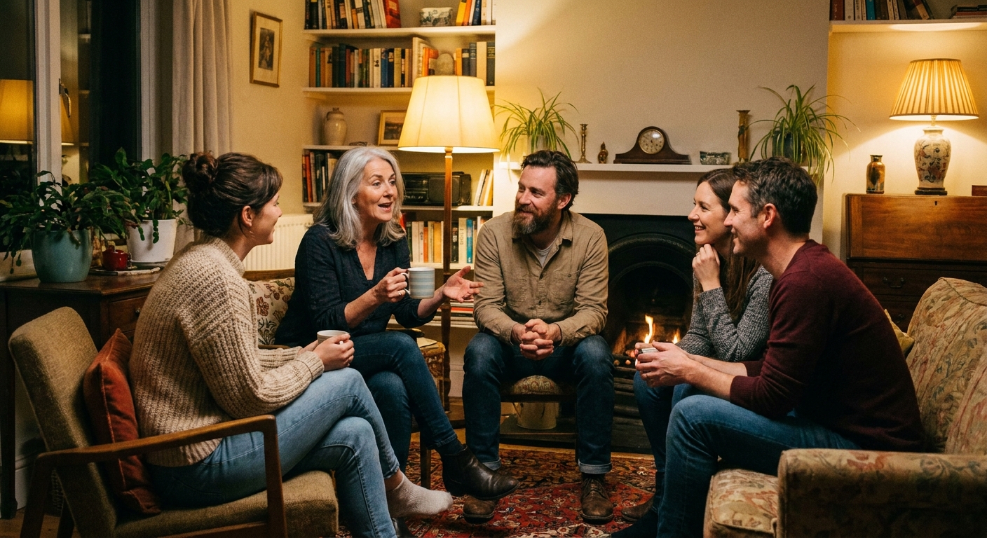 A small group of adults sitting in a circle in a living room with warm lighting, listening attentively as one person speaks