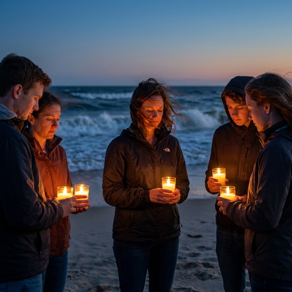 A small group of people standing on a windy beach at dusk holding candles in silence, waves behind them
