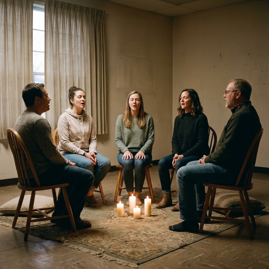 A small group seated in a circle in candlelight, eyes closed, singing softly together in a simple community room