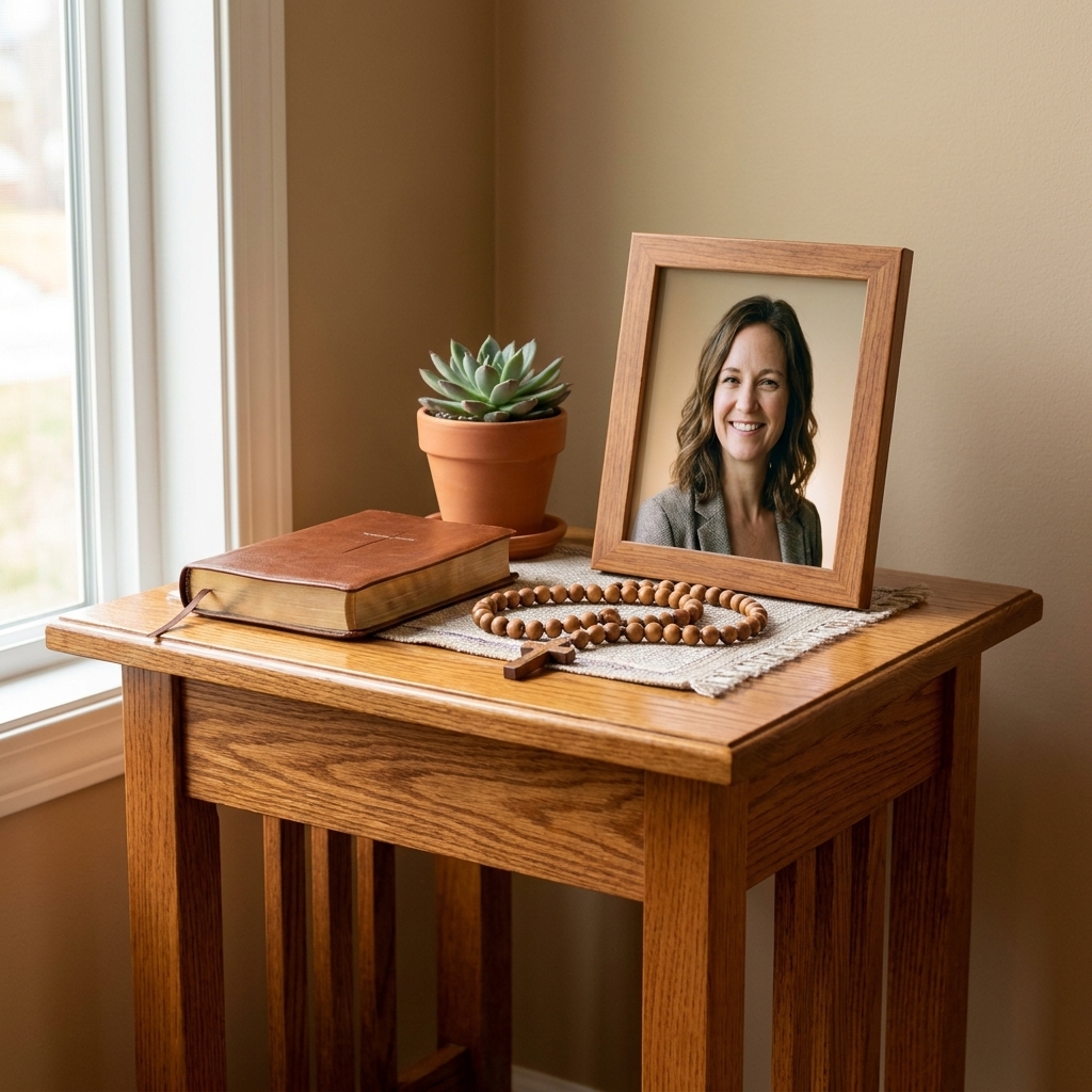 A small home altar with a closed book, a string of beads, a small plant, and a framed photo arranged neatly on a wooden table