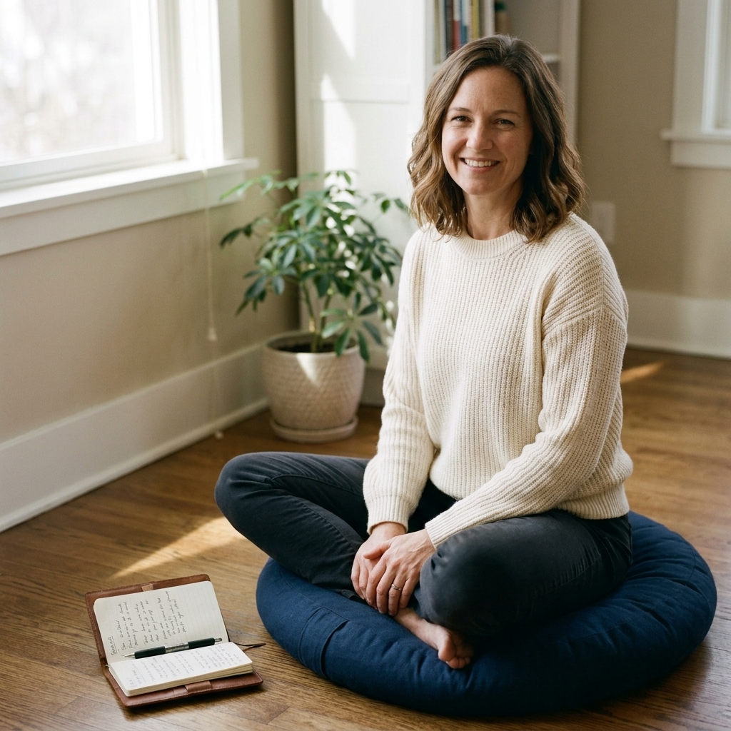 A small notebook and pen beside a meditation cushion in a tidy room, suggesting someone tracking a simple daily practice