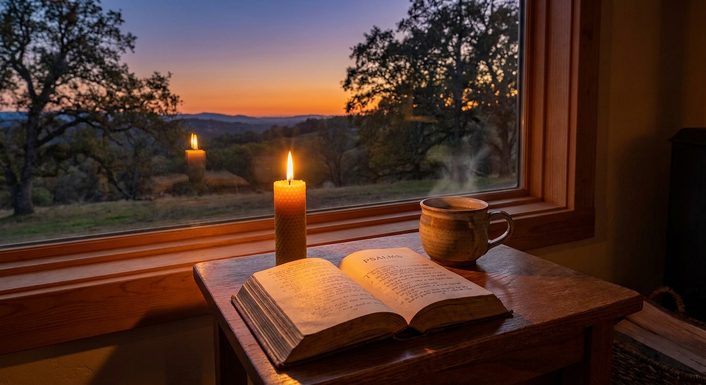 A small table with a lit candle beside an open prayer book at dusk, with a mug of tea nearby and a window showing fading light