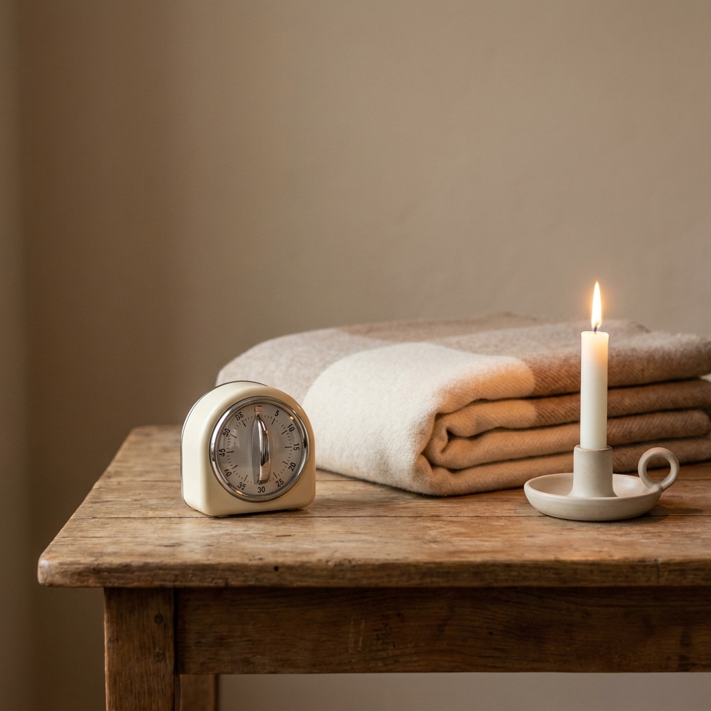 A small timer resting on a wooden table beside a folded blanket and a simple candle in a quiet room