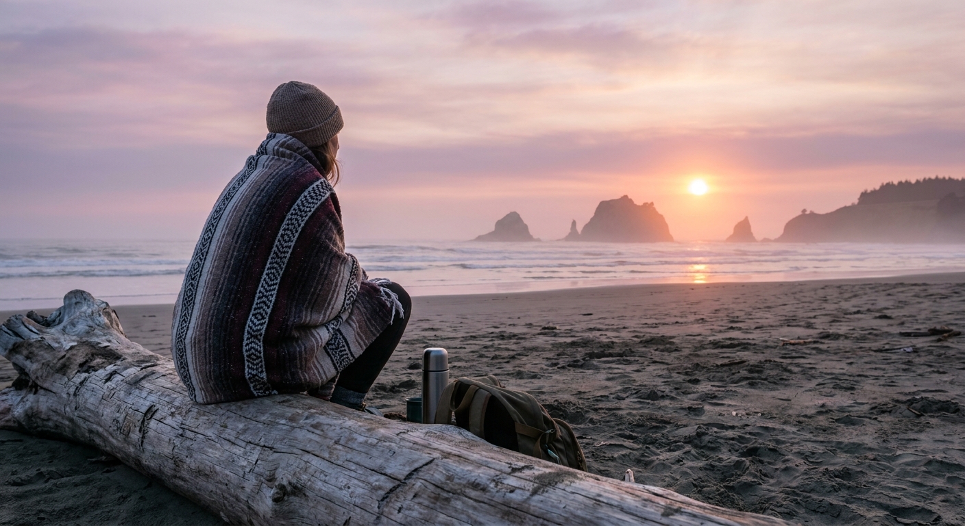 A solitary person sitting on a driftwood log facing a calm ocean at sunrise on the Oregon coast, wrapped in a blanket, contemplative and still