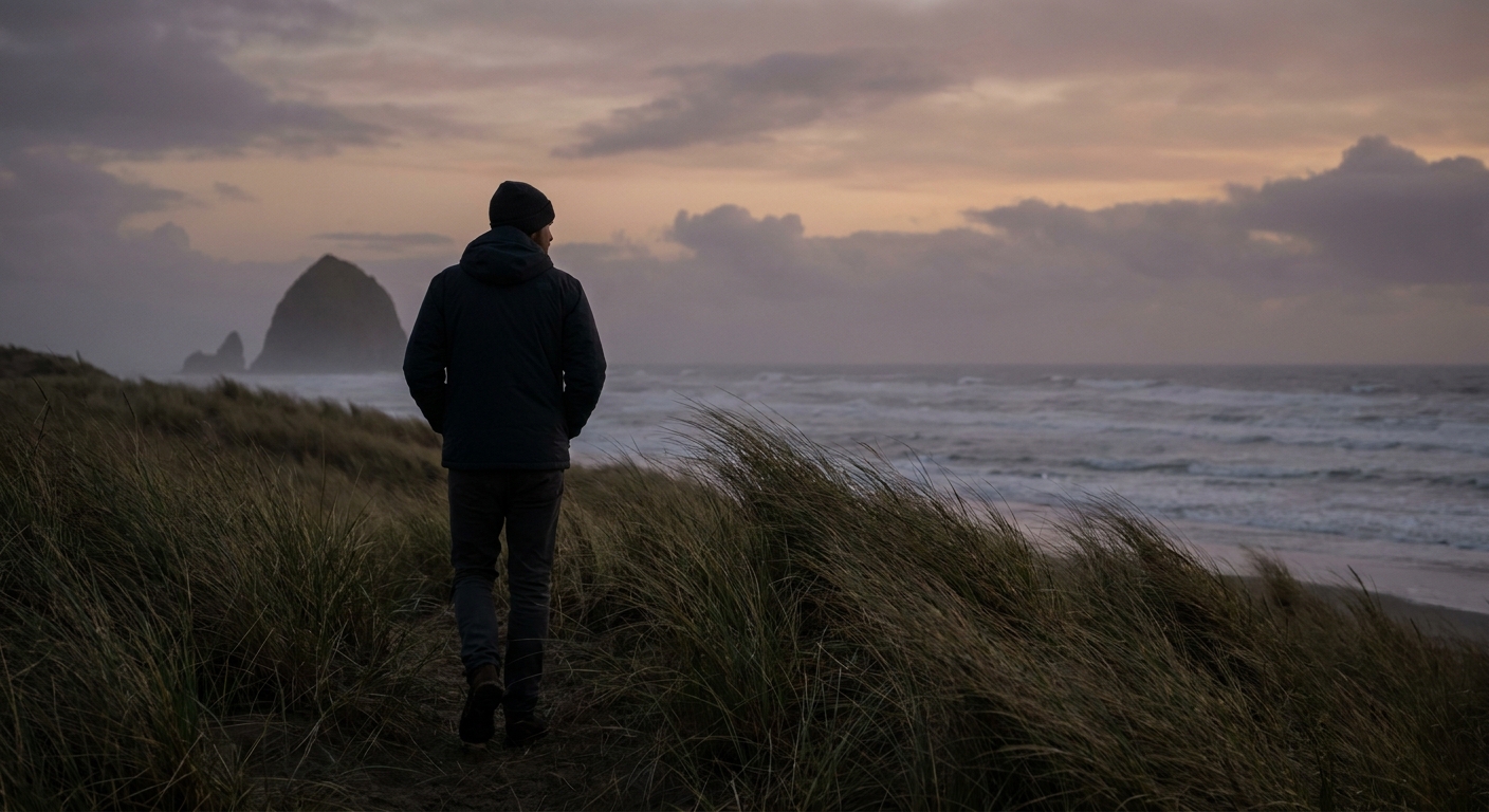 A solitary person walking a quiet coastal path at dusk near Cannon Beach, Oregon, with wind-bent grass and the ocean in the distance, suggesting contemplation and inner listening