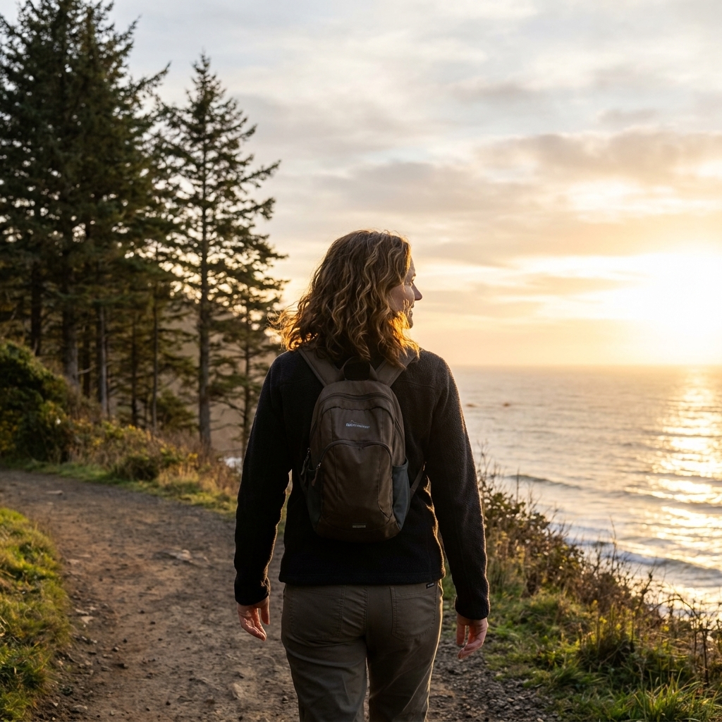 A solitary person walking along a coastal trail in Oregon at sunset, evergreen trees on one side and the ocean visible in the distance