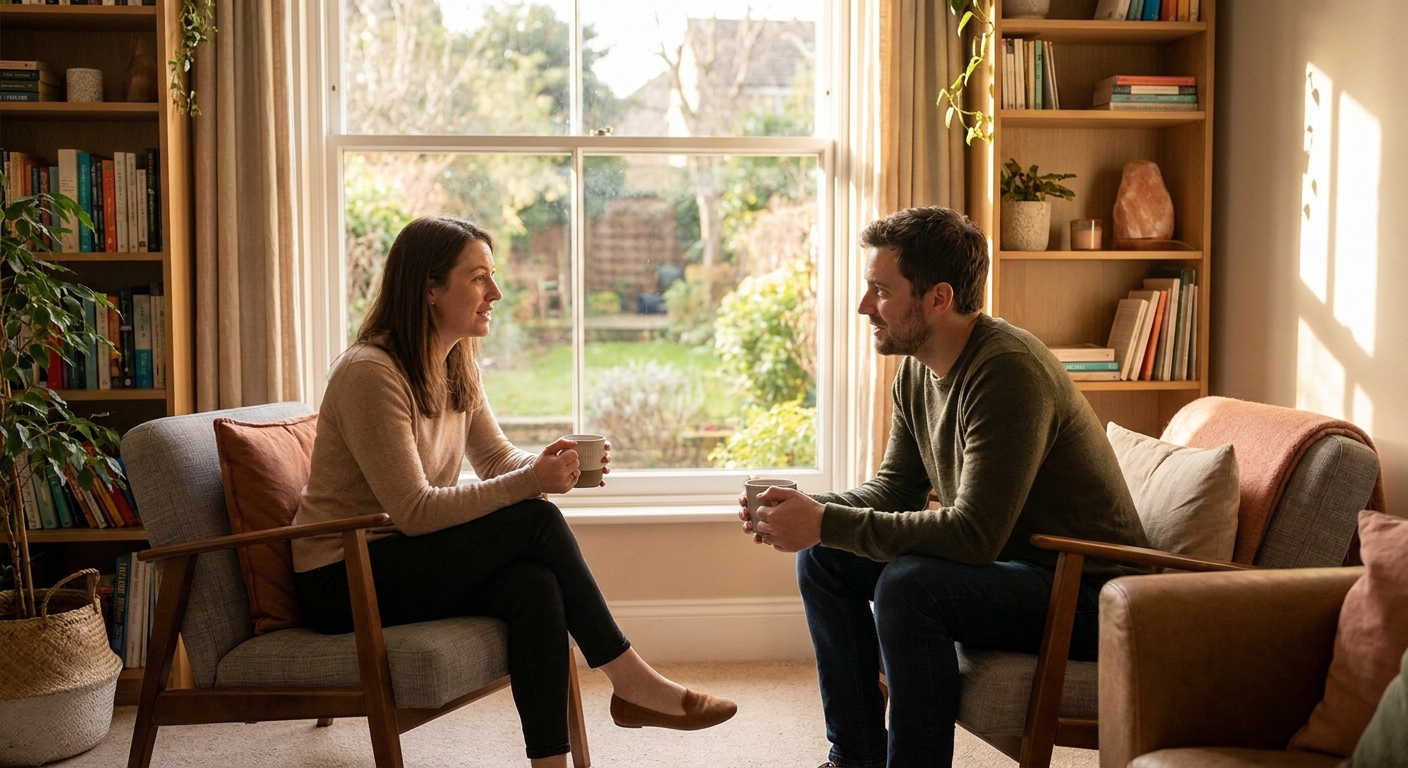 A therapist and client sitting in a calm office, leaning forward in a supportive conversation, warm natural light through a window