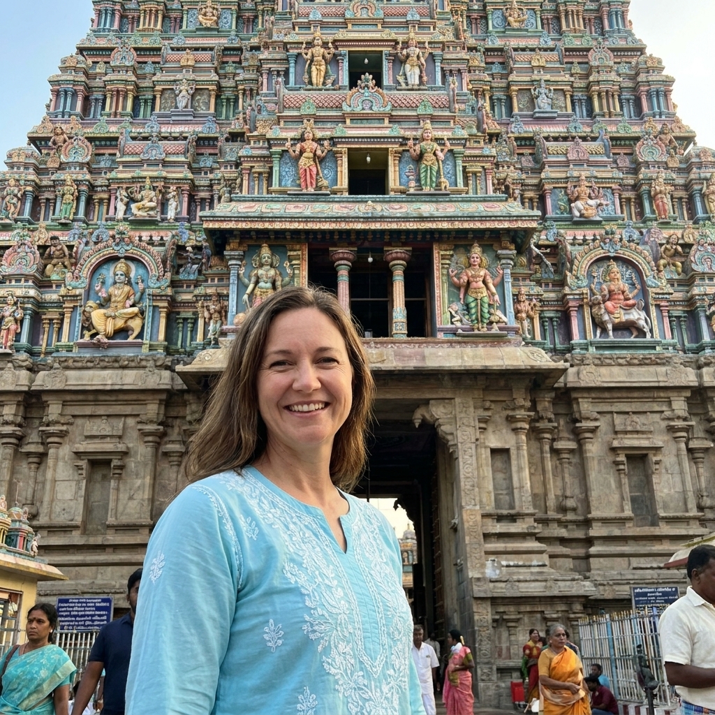 A towering gopuram at the Meenakshi Amman Temple in Madurai captured in daylight, with intricate colorful sculptures covering the temple gateway