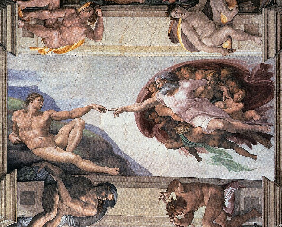A visitor looking up at the Michelangelo ceiling frescoes in the Sistine Chapel in Vatican City, with the Creation of Adam scene visible, natural museum lighting