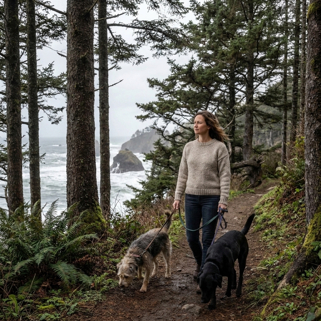 A woman walking two rescue dogs on a forested coastal trail in Oregon with soft overcast light filtering through tall trees