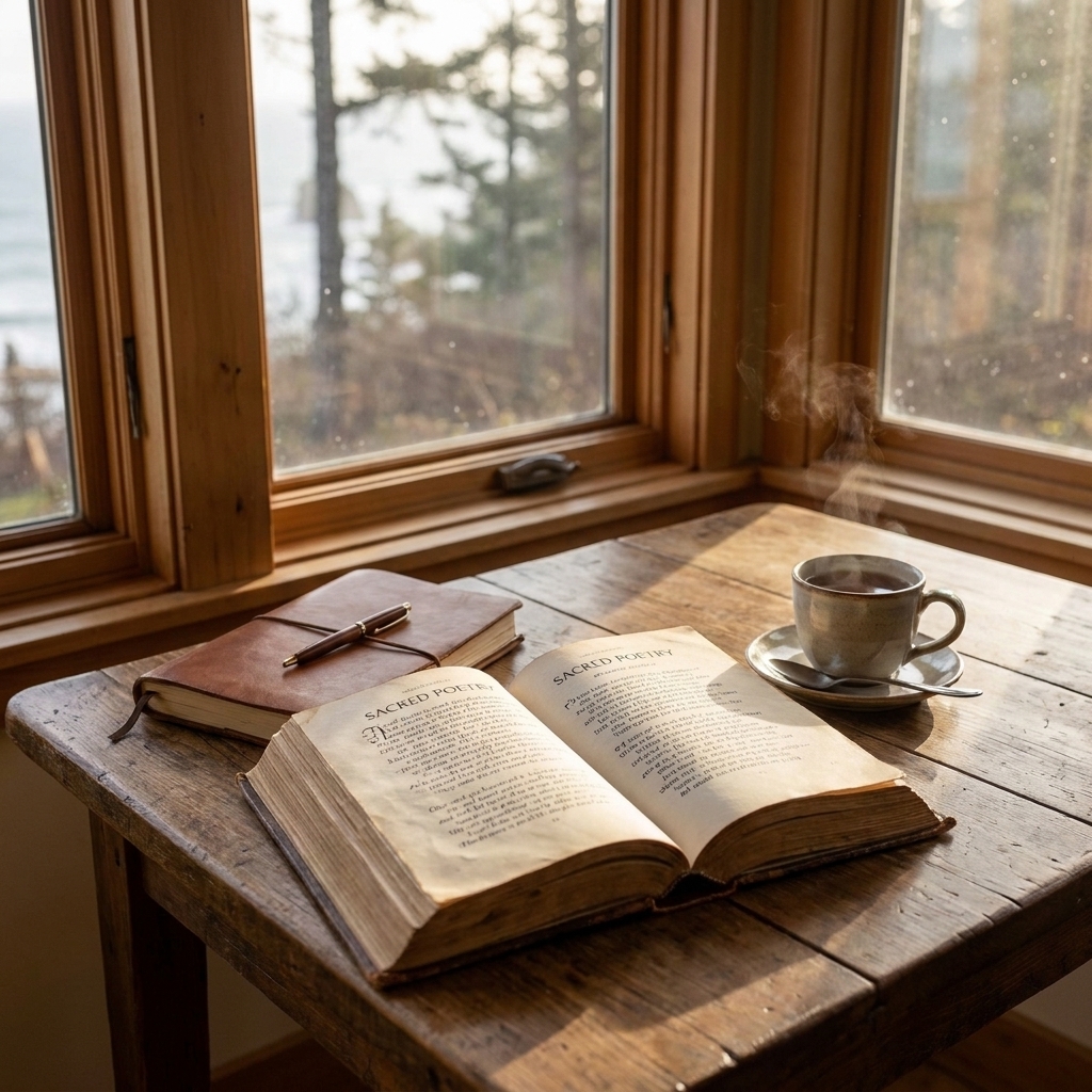 A wooden table with an open book of sacred poetry, a journal, and a cup of tea near a window with soft morning light