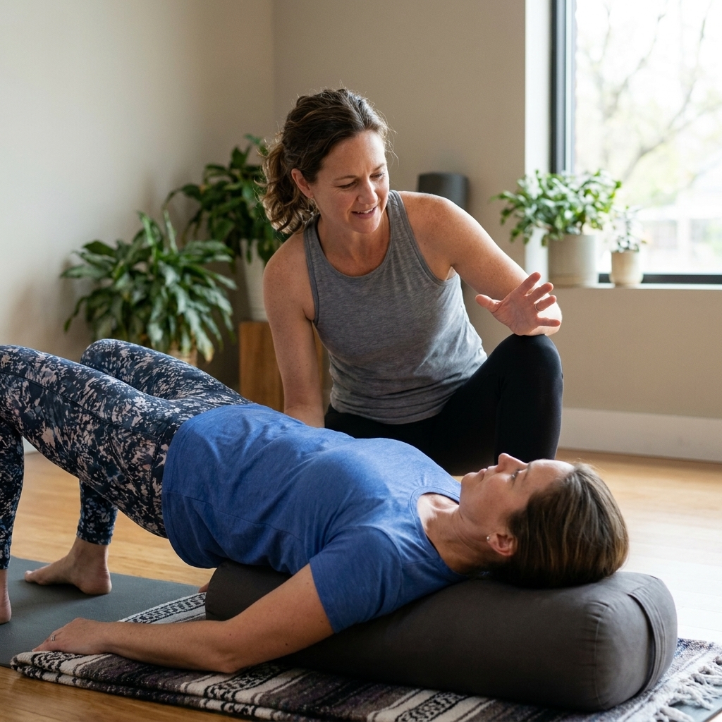 A yoga teacher kneeling beside a student in a calm studio, offering a verbal alignment cue while the student holds a supported pose