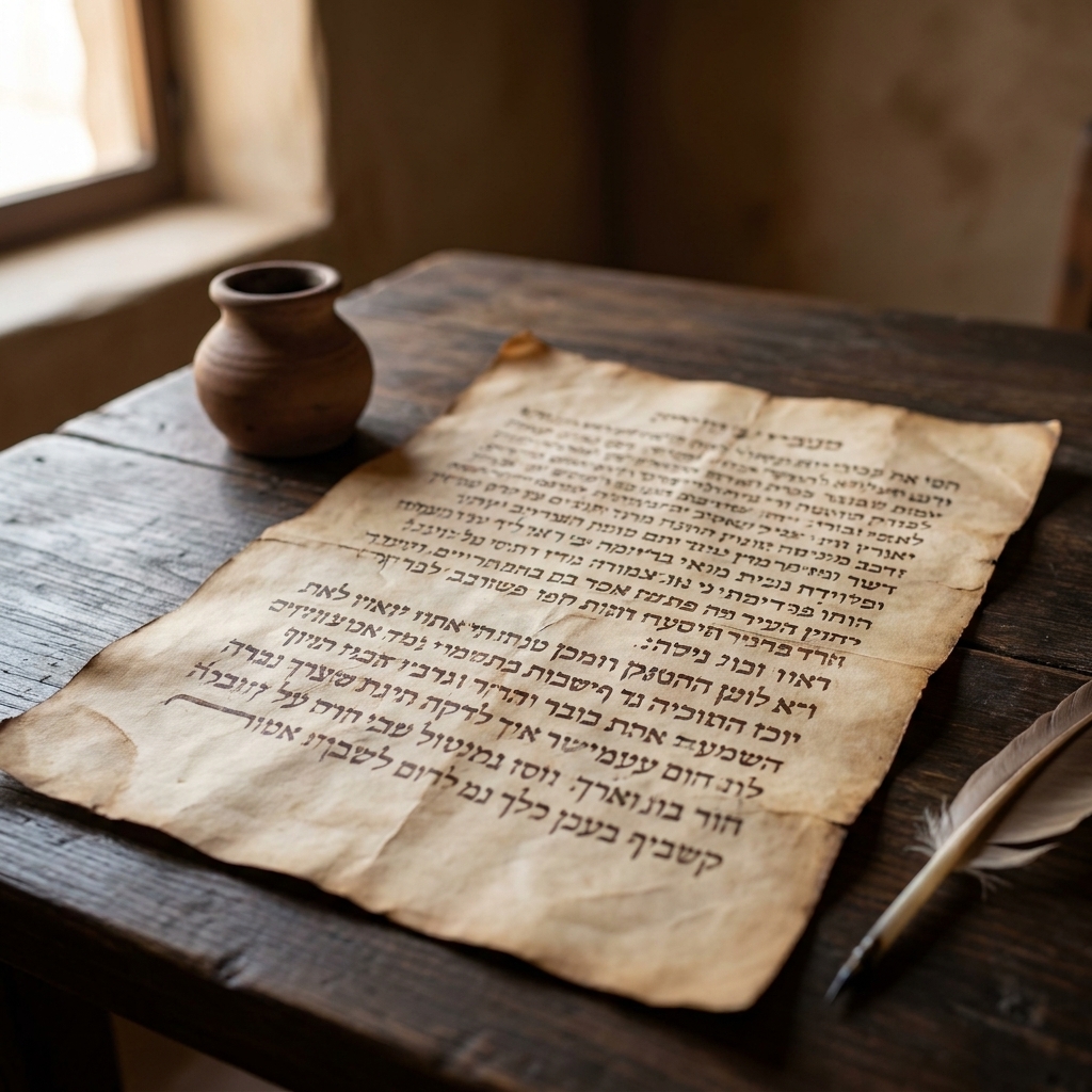 An ancient-looking parchment page with Hebrew script resting on a table in soft window light