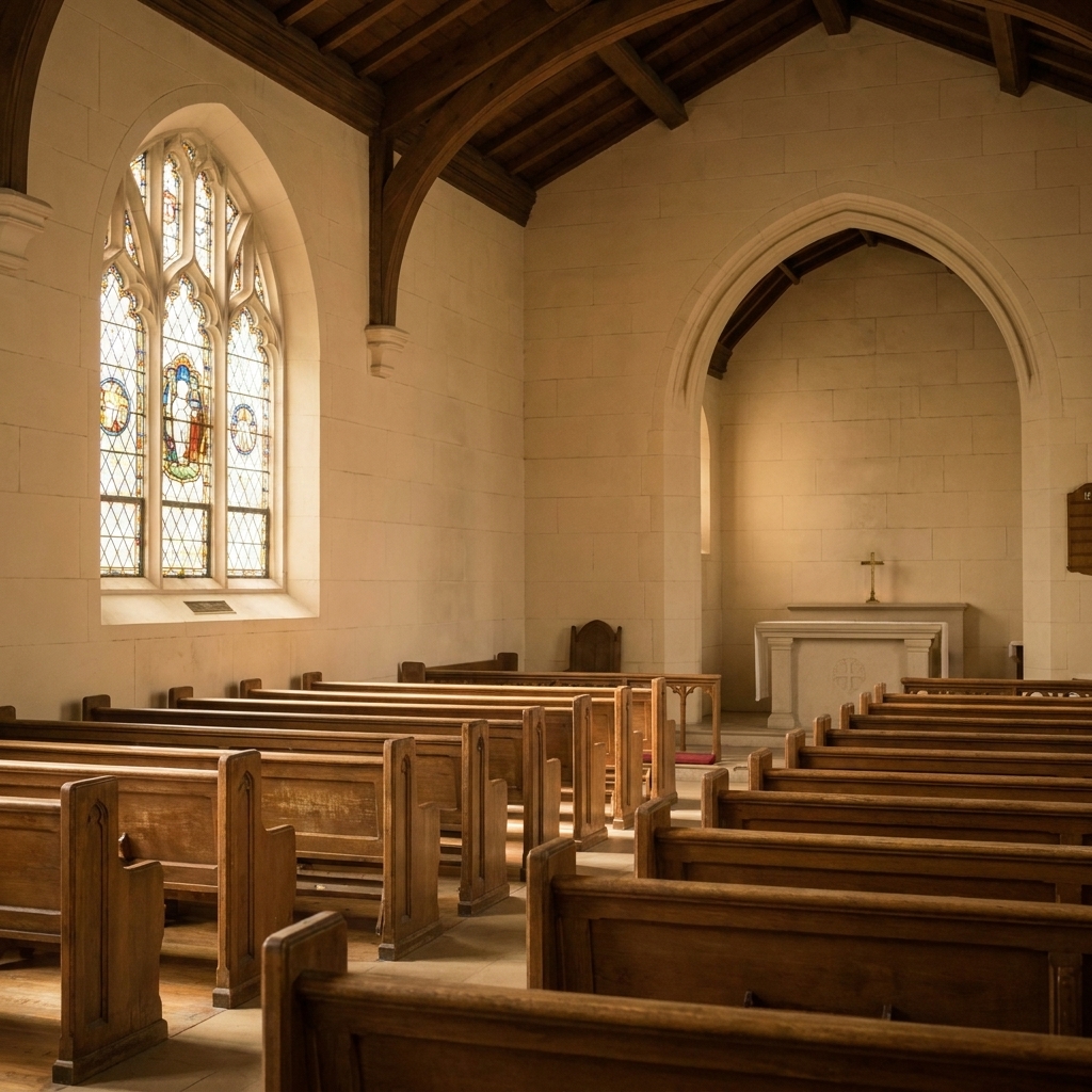 An empty chapel with wooden pews and soft natural light filtering through a window, a sense of stillness and reverence