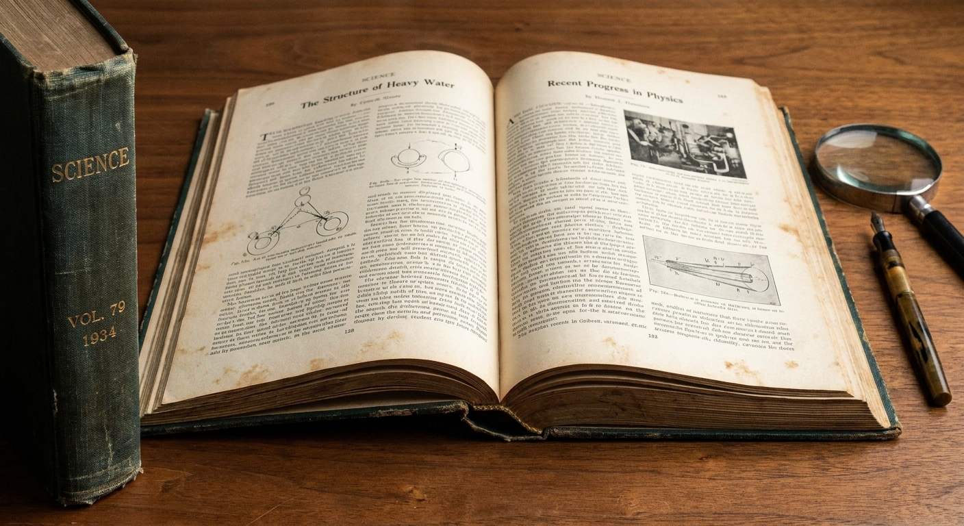 An older bound issue of the journal Science opened to printed pages.