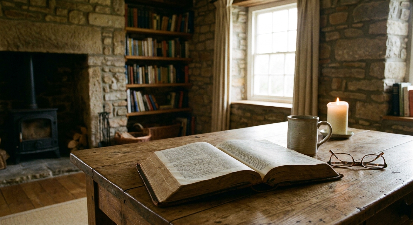 An open Bible resting on a wooden table in a quiet room.