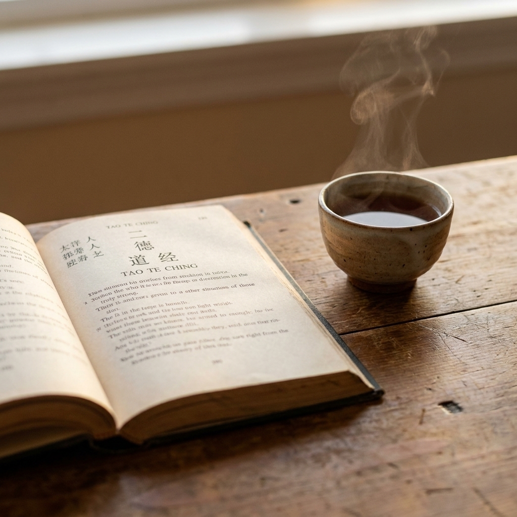 An open Tao Te Ching on a wooden surface with a small cup of tea nearby, photographed in soft natural light