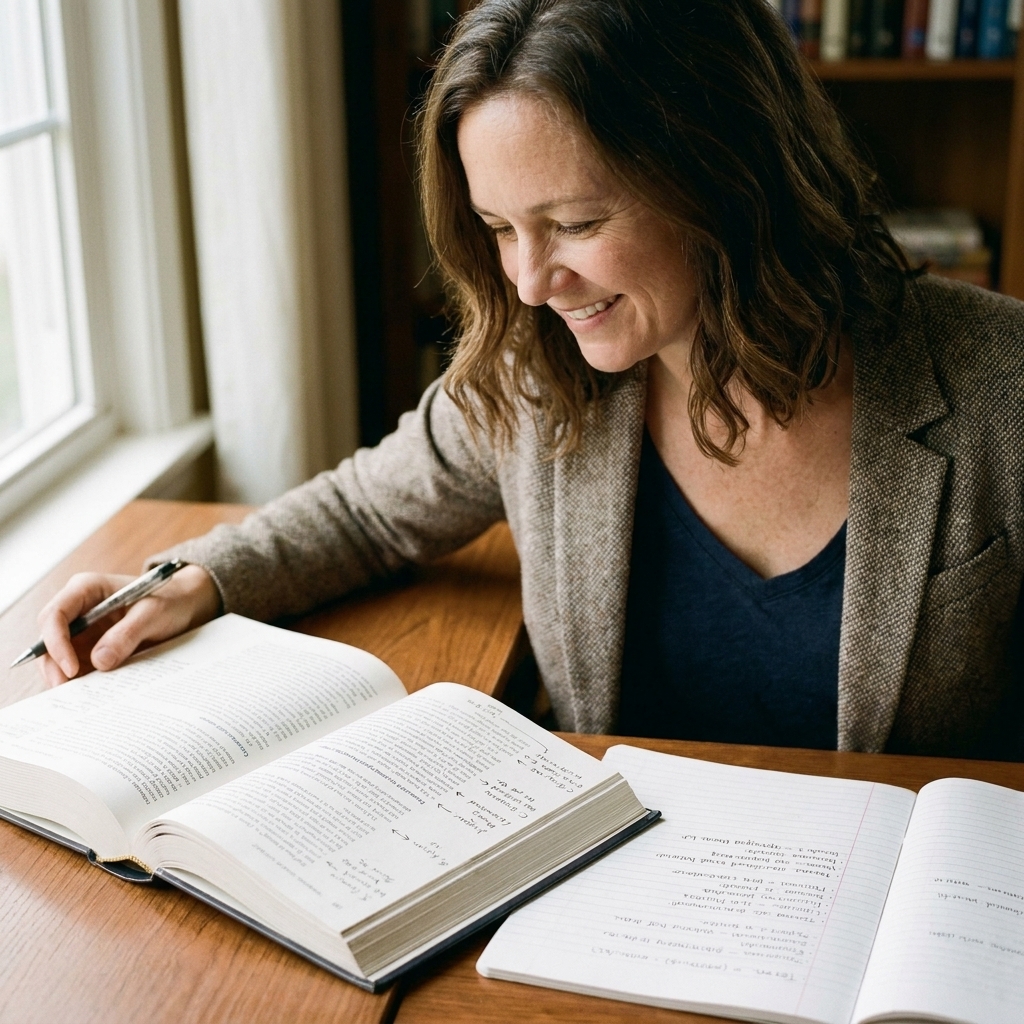 An open book with handwritten notes in the margins beside a notebook and pen, suggesting careful study and term definitions