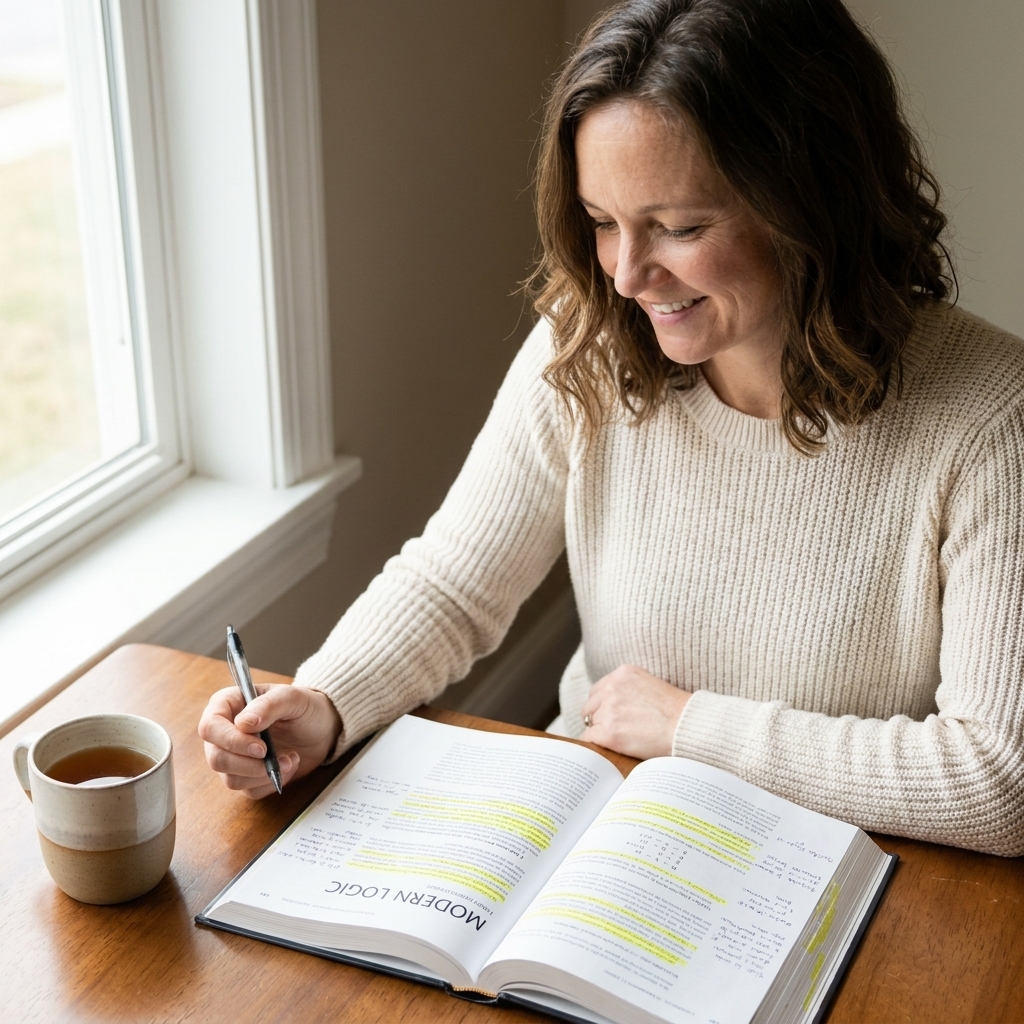 An open logic textbook on a desk with highlighted passages and handwritten margin notes, beside a mug, in soft window light