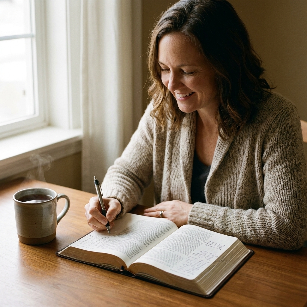 An open study Bible with margin notes on a desk beside a pen and a cup of tea, photographed in soft morning light