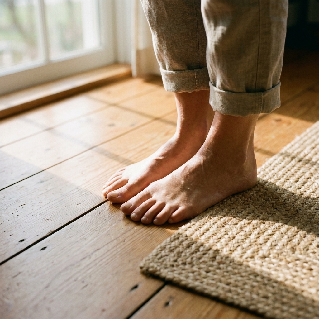 Bare feet resting on a warm wooden floor in morning light beside a simple woven rug, a quiet grounded moment