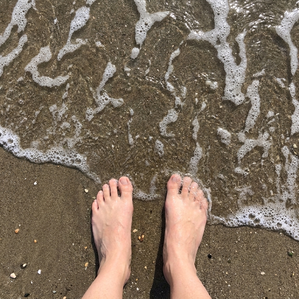 Bare feet standing at the edge of the ocean where small waves wash over wet sand