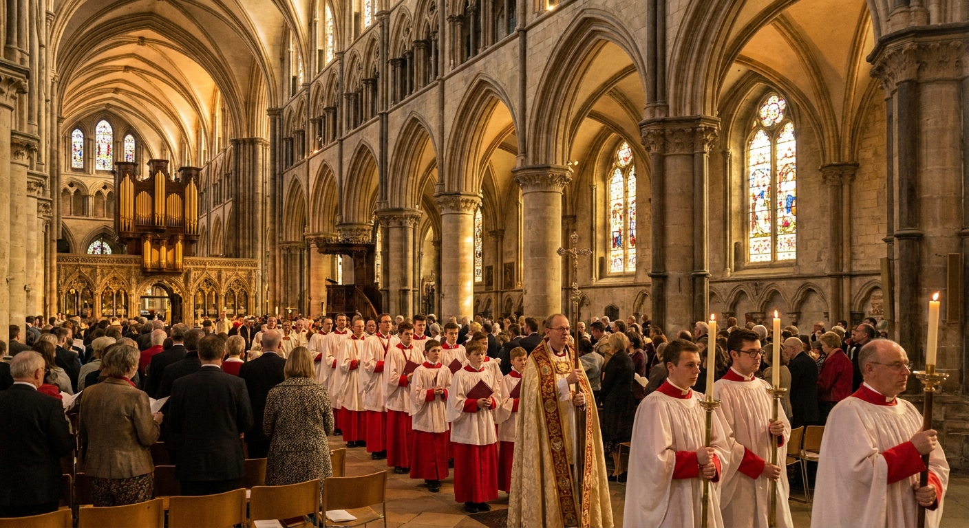 Choir and clergy processing during Evensong inside Canterbury Cathedral, with vaulted stone arches and warm evening light