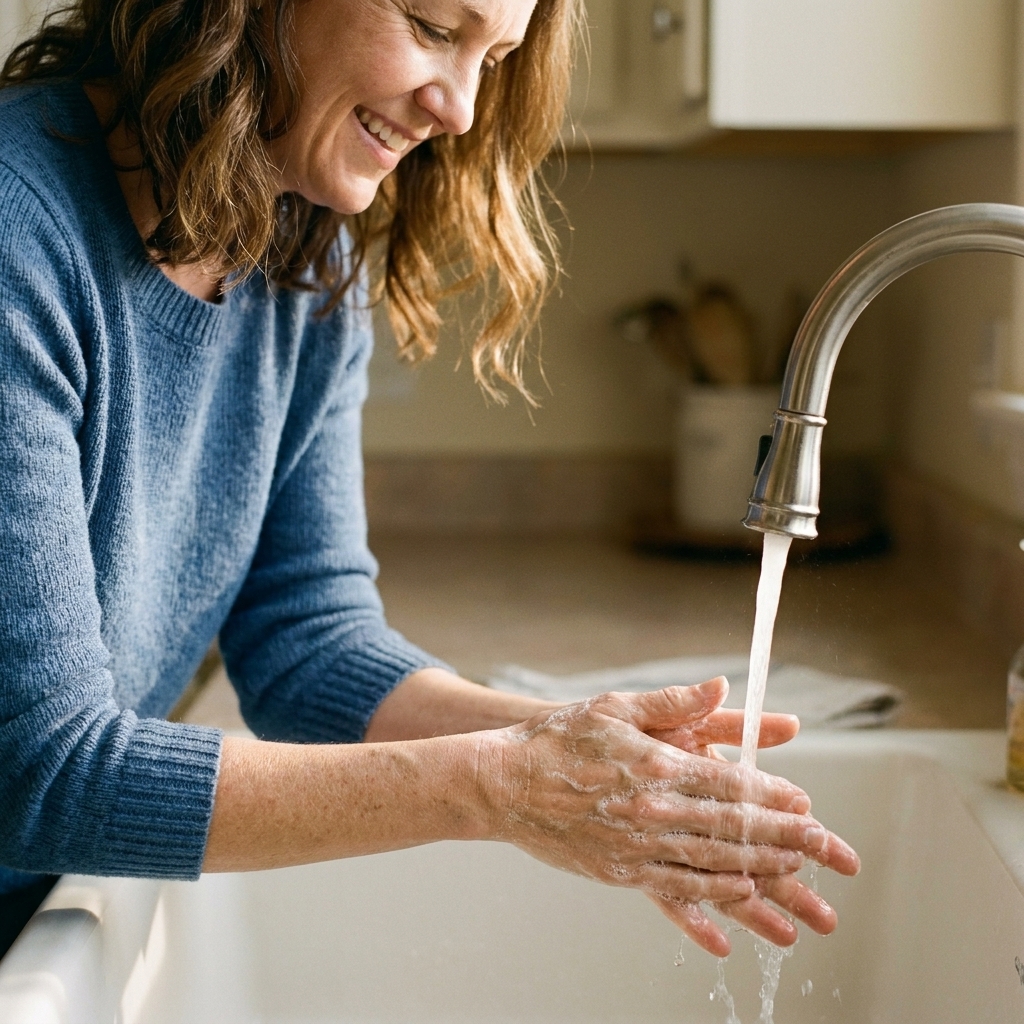 Close-up of a person washing their hands at a kitchen sink under a running faucet with clear water