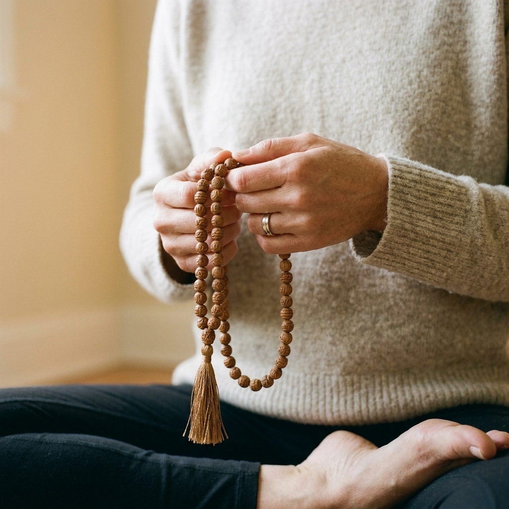 Close-up of hands holding wooden mala beads while seated in a calm meditation posture