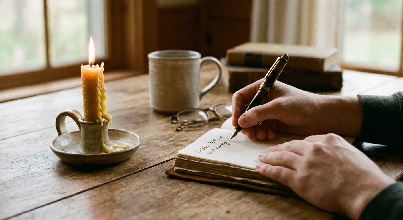Close-up of hands writing in a notebook beside a lit candle on a wooden table in a quiet room