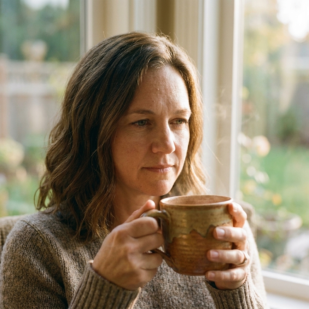 Close view of hands holding a warm ceramic mug near a window with soft morning light, quiet contemplative mood