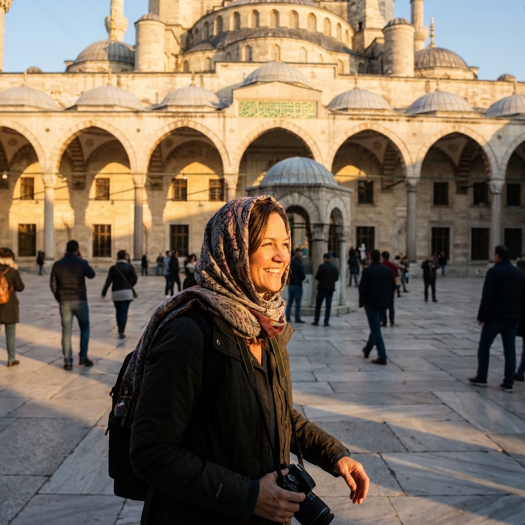 Courtyard of the Blue Mosque in Istanbul during late afternoon light, with visitors walking across the stone pavement