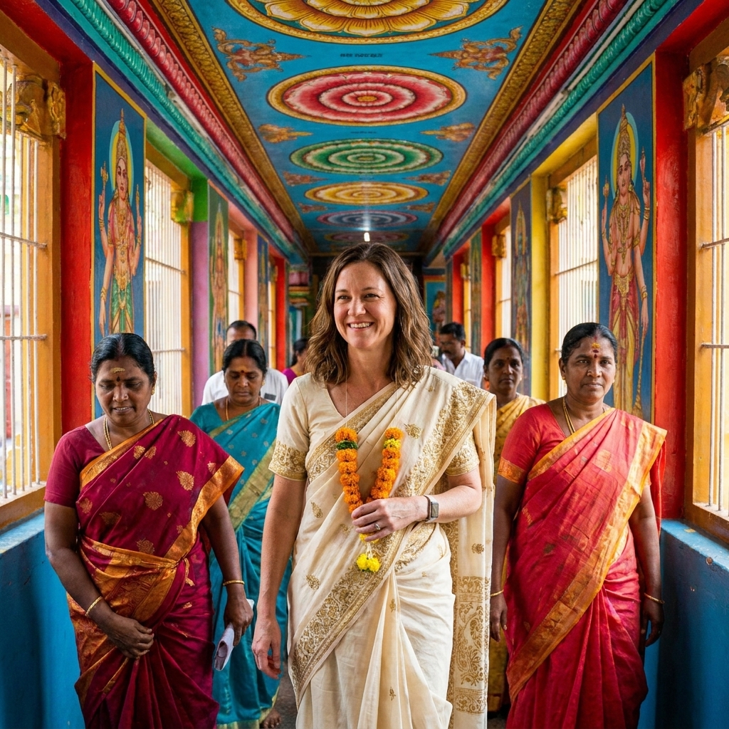 Devotees walking through a colorful corridor inside Meenakshi Temple in Madurai